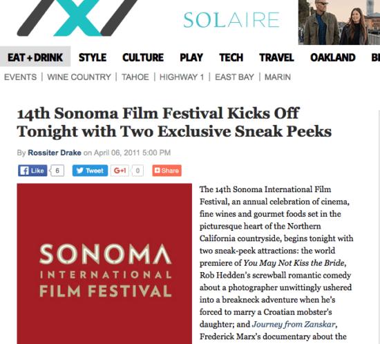 7x7 article. Headline text: 14th Sonoma Film Festival Kicks Off Tonight with Two Exclusive Sneak Peeks
