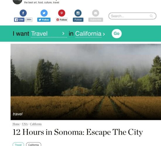 The Culture Trip article headline. Text: 12 Hours in Sonoma: Escape the City.