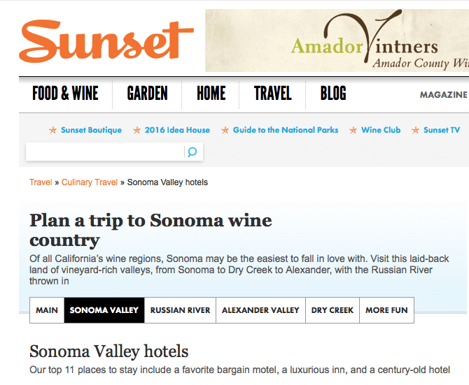 Sunset article headline. Text: Plan a trip to Sonoma wine country