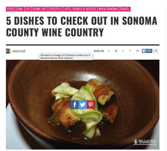 Drink Me article headline. Text: 5 Dishes to Check Out in Sonoma Wine Country