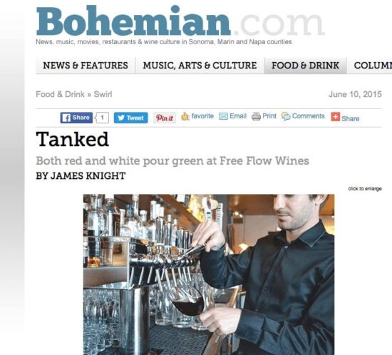 Bohemian article. Text: Tanked, Both red and white pour green at Free Flow Wines.