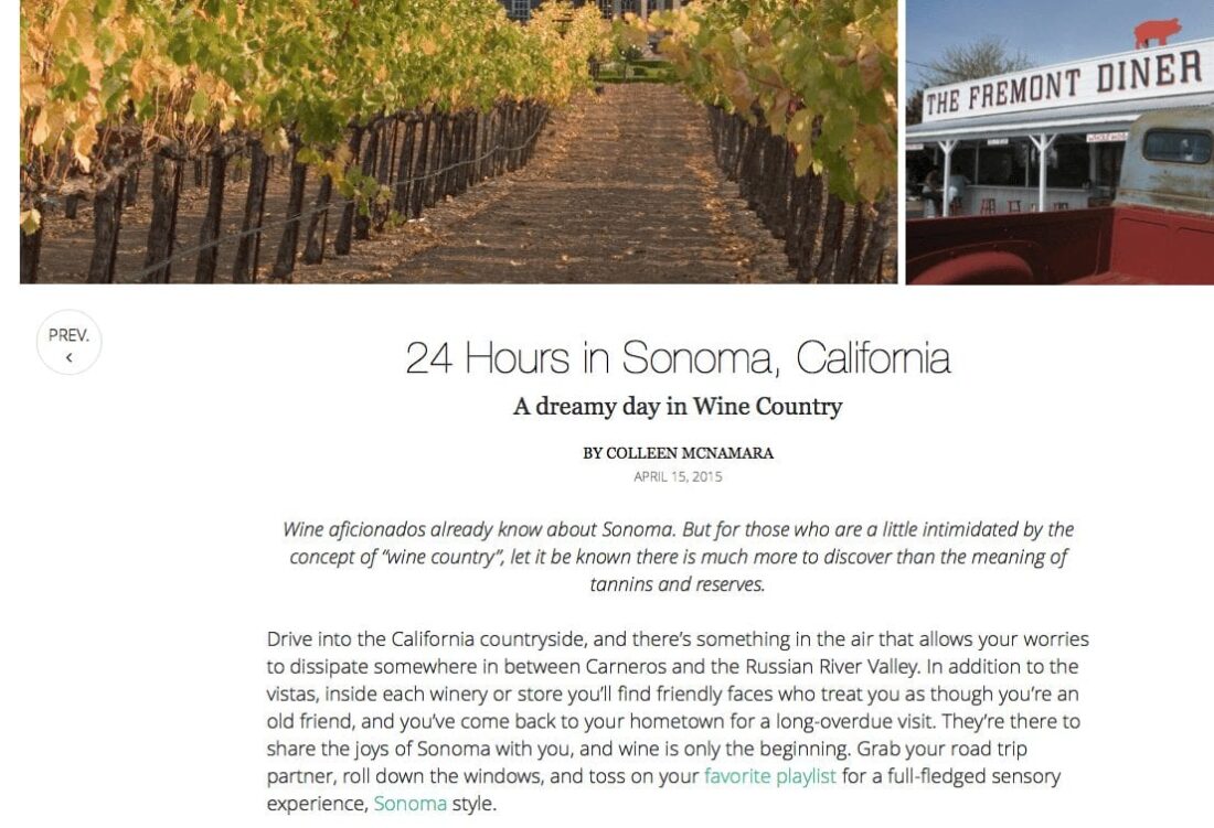 Luxury Retreats article. Text: 24 Hours in Sonoma, California.