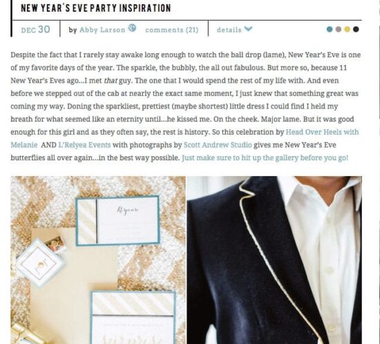 Style Me Pretty article headline. Text: New Year's Eve Party Inspiration