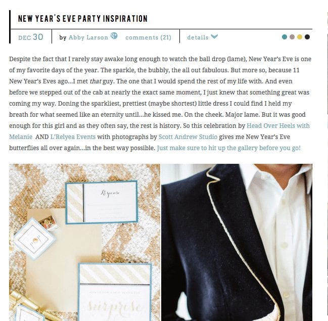 Style Me Pretty article headline. Text: New Year's Eve Party Inspiration