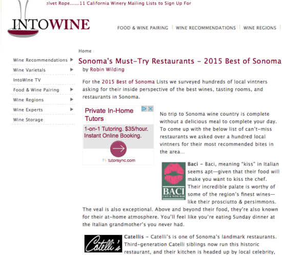 Into Wine website article. Text: Sonoma's Must Try Restaurants - 2015 Best of Sonoma.