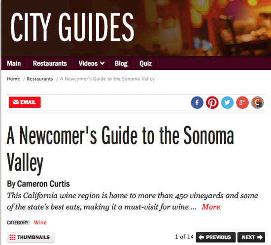 Food Network City Guides article. Text: A Newcomer's Guide to the Sonoma Valley