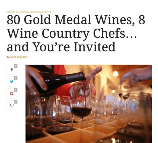Sonoma Magazine article headline. Text: 80 Gold Medal Wines, 8 Wine Country Chefs... and You're Invited