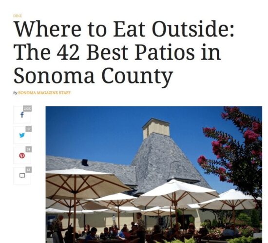 Sonoma Magazine article headline. Text: Where to Eat Outside: The 42 Best Patios in Sonoma County.