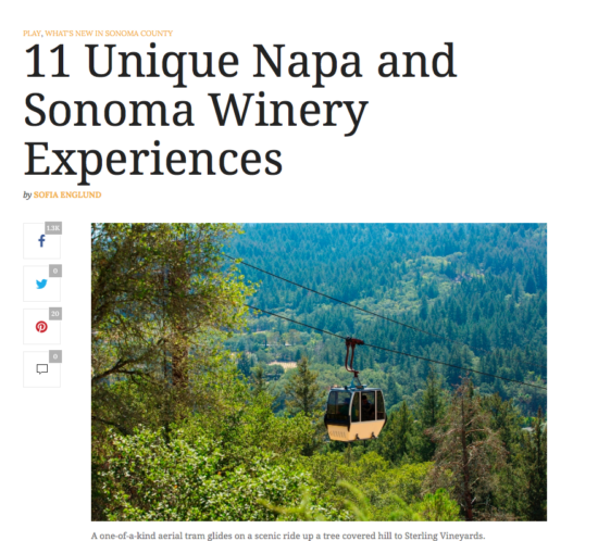 Sonoma Magazine article. Text: 11 Unique Napa and Sonoma Winery Experiences.