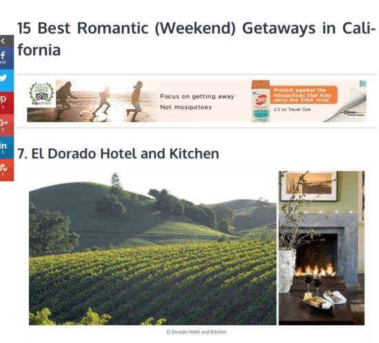 The Crazy Tourist article. Text: 15 Best Romantic (Weekend) Getaways in California -7. El Dorado Hotel and Kitchen