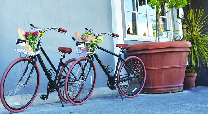 Bicycles with groceries in baskets.